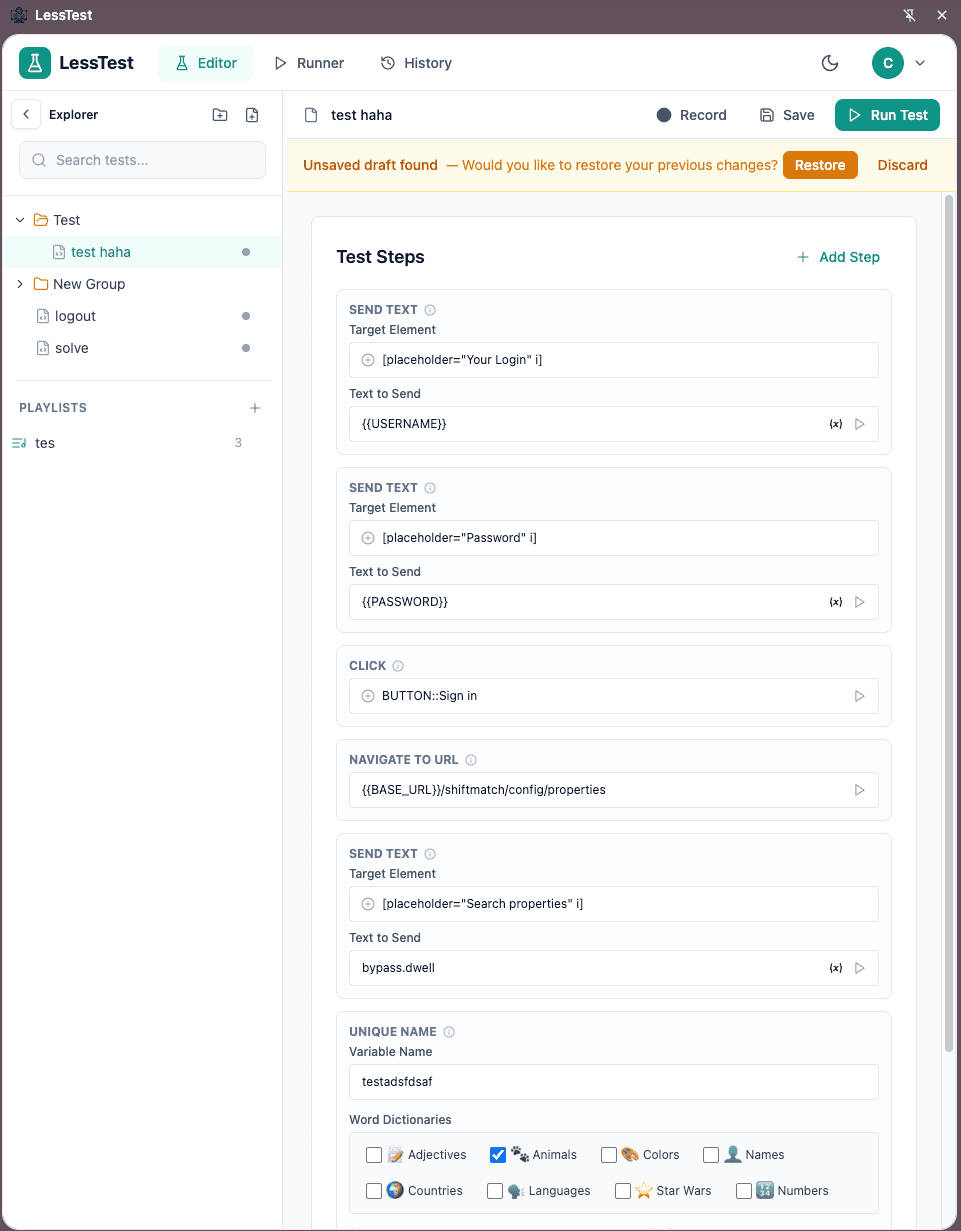 LessTest Editor showing visual test creation